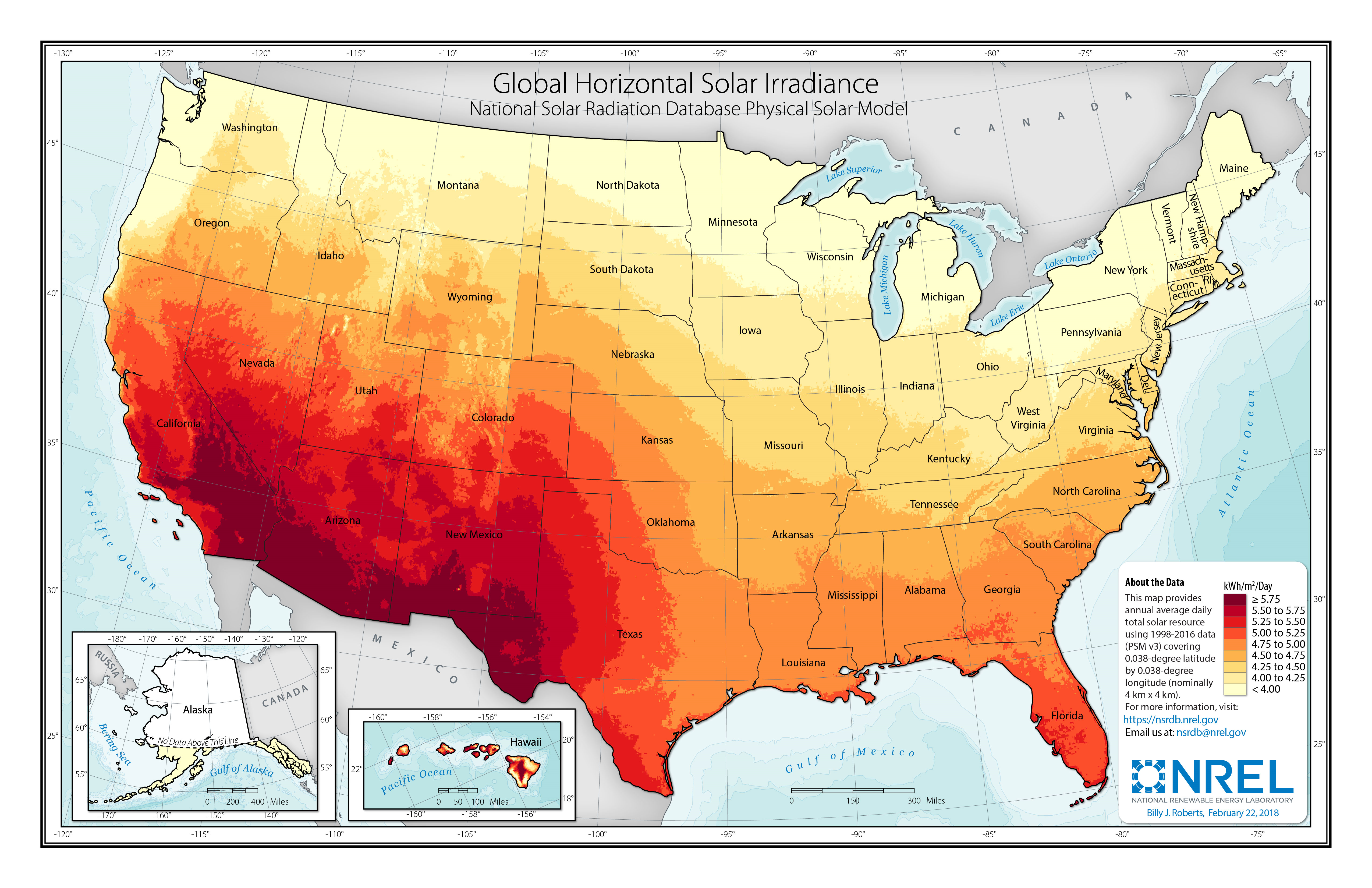 Map of annual average daily GHI in the United States