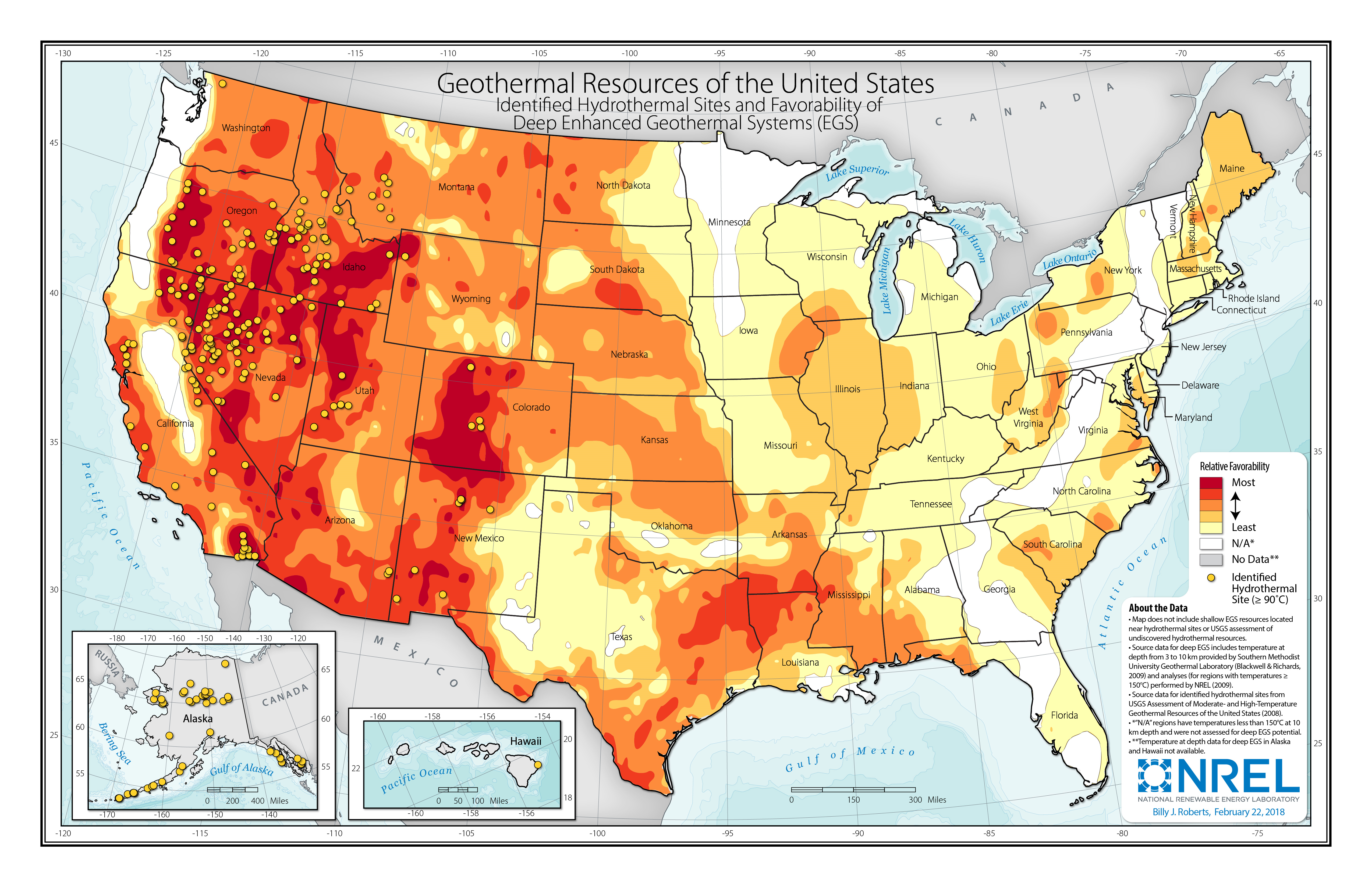 Map of identified hydrothermal sites and favorability of deep EGS in the United States 