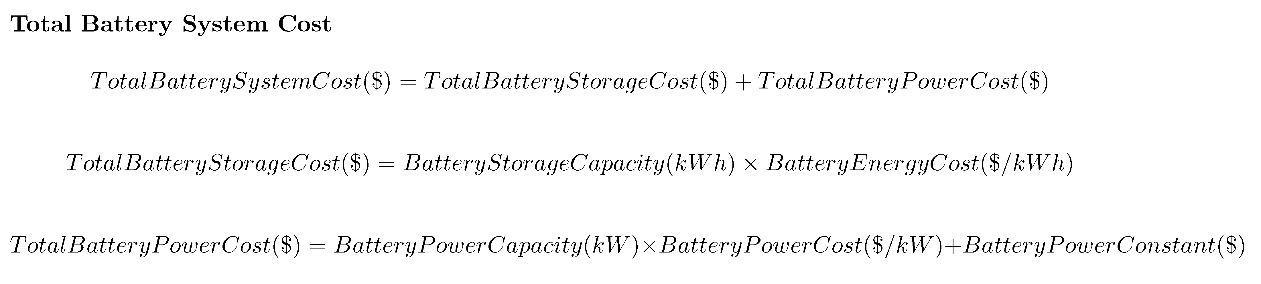 Total Battery System Cost equations